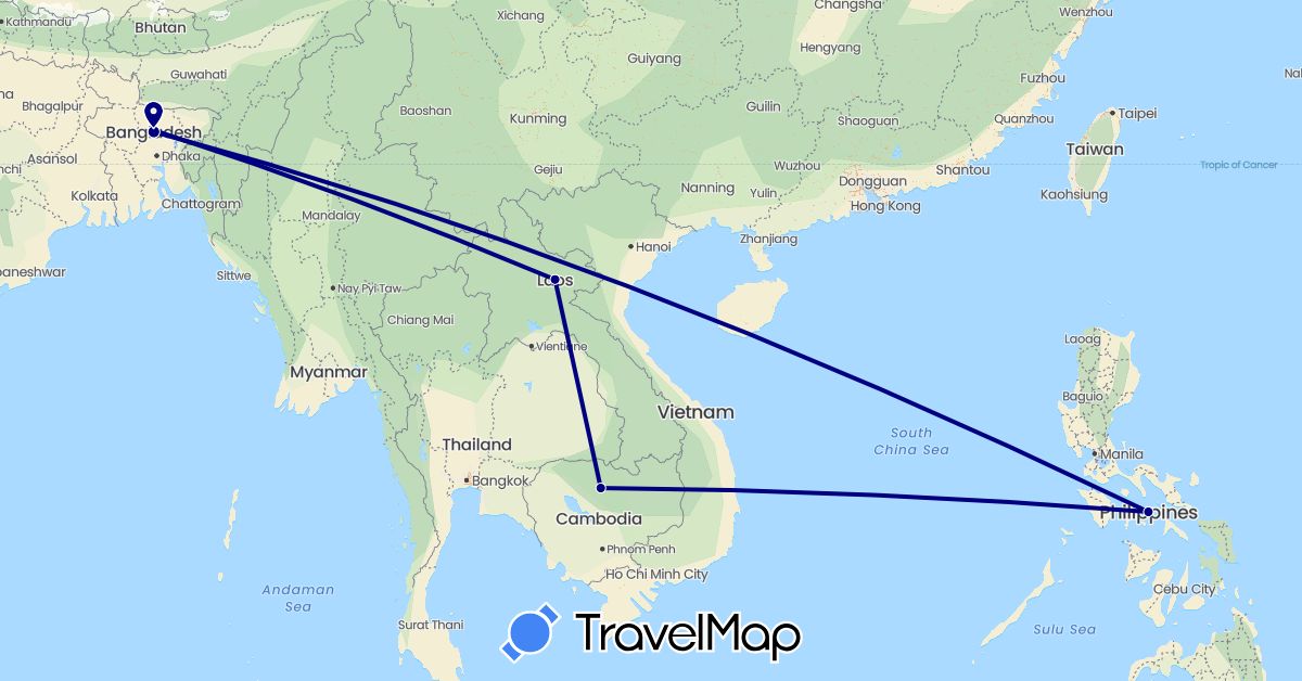 TravelMap itinerary: driving in Bangladesh, Cambodia, Laos, Philippines (Asia)